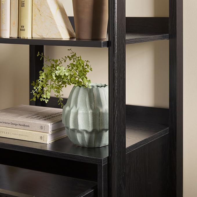 Walker Edison Transitional Reeded Narrow Open Bookshelf with Drawer on Bottom for Home Office, Living Room, Bedroom, 4-Shelf Bookcase with Bottom Storage, 22”W x 16.75”D x 70”H, Black