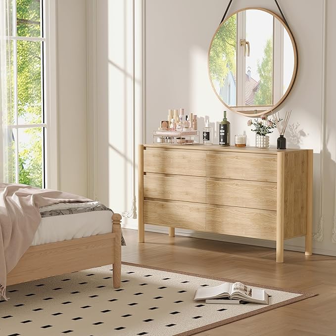 CHUWELL Dresser for Bedroom, 47" Wide Mid Century Modern Chest of Drawers with 6 Large Storage Space and 4 Solid Wood Cylindrical Legs, 6 Drawer Large Dresser for Bedroom(Oak)