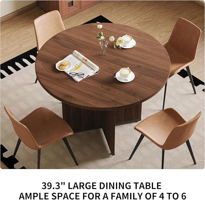 HIPIHOM Modern Round Dining Table Set for 4, 39.4" Walnut Kitchen Table with 4 PU Leather Chairs, 5-Piece Mid-Century Dining Room Set for Small Spaces, Pedestal Base
