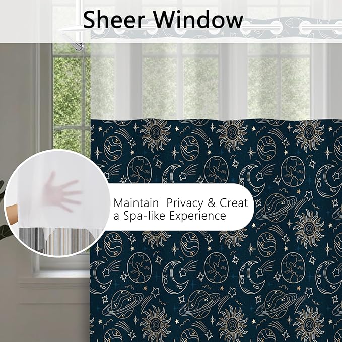 Navy Blue No Hook Shower Curtain with Snap in Liner Set - Galaxy Universe with Sun, Moon and Stars, Waterproof Fabric Double Layers for Kids Bathroom, See Through Top Window, 71x74 Inch