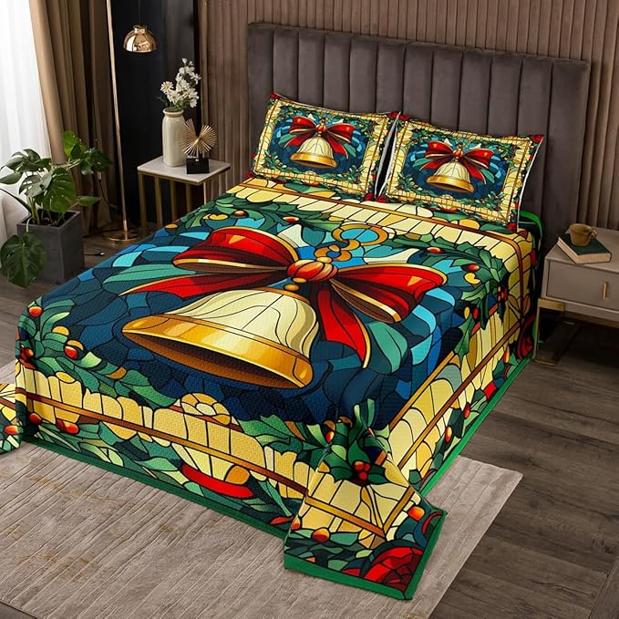 Christmas Bell Kids Bedspread Queen Size,Merry Christmas Bowknot Bow Tie Coverlet Set,Boys Girls Room Decor,Happy New Year Poinsettia Flower Quilted Coverlet,Red Xmas Bedding Quilt,2 Pillowcases