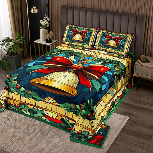 Christmas Bell Kids Bedspread Queen Size,Merry Christmas Bowknot Bow Tie Coverlet Set,Boys Girls Room Decor,Happy New Year Poinsettia Flower Quilted Coverlet,Red Xmas Bedding Quilt,2 Pillowcases
