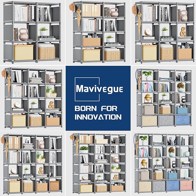 Mavivegue Bookshelf,18 Cube Storage Organizer,Extra Large Book Organizer,Tall Bookcase Shelf,Book Cases/Shelves,Grey Cube Shelf,Cubbies Closet Shelves for Bedroom,Living Room,Home,Office