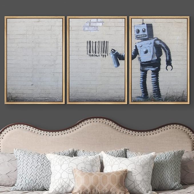 wall26 - Robot Graffiti Banksy Street - Framed Canvas Art Wall Art - 16"x24"x3 Natural