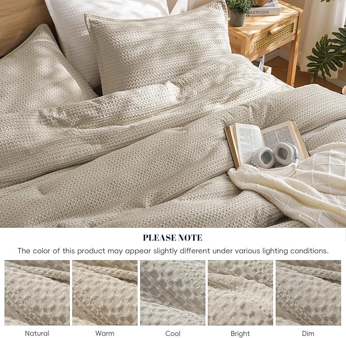 PHF Soft Waffle Comforter Set Queen Size- Comfy Breathable Waffle Weave Comforter with 2 Pillow Shams, 3 Pieces Less Snagging Lightweight Textured Bedding Set for All Season, Natural/Linen