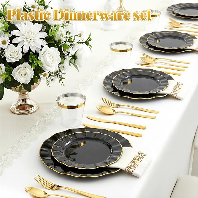 175 Plastic Dinnerware Set,Disposable Dinnerware Set for 25 Guests Include 50 Plastic Plates,25 Silverware Set,25 Cups and 25 Napkins for Thanksgiving Christmas,Party,Wedding（Black and Gold）