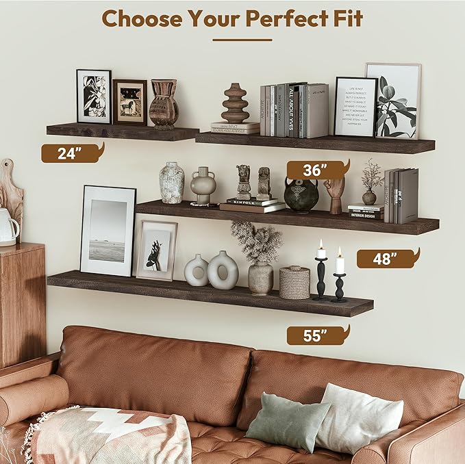 Vivelove Elm Wood Floating Shelves, Wooden Shelves for Wall with Invisible Bracket for Living Room Bedroom Bathroom Office Book, Rustic Farmhouse Display Shelf, 48 Inch Set of 1- Dark Walnut