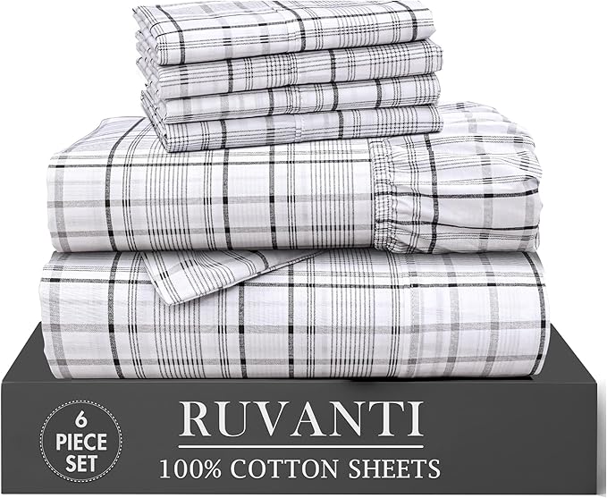 RUVANTI 100% Cotton Percale Sheets California King Size 6 Piece Set, Cooling Bed Sheets for Hot Sleepers, Deep Pocket 14”, Breathable Lightweight & Durable, Crisp Hotel Style Sheets, Open Check