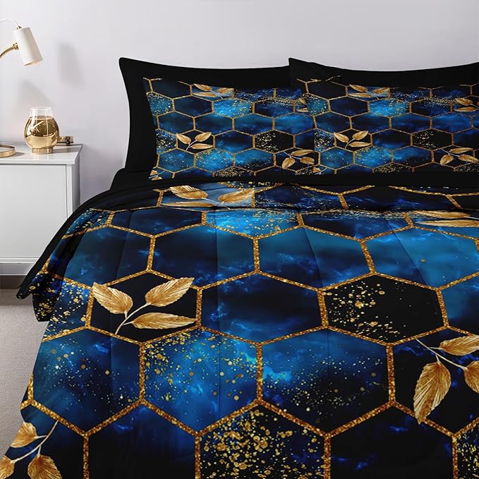 Nesker Comforter Set King Size, Luxury Geometric Hexagon 7 Pcs Bedding for Kids and Adults, Navy Blue Gold Leaves Bed Sheet Sets with Fitted Sheet 2 Pillowcases & 2 Shams
