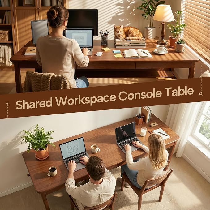 63" Long Solid Wood Writing Desk with 3 Drawers, Mid-Century Modern Desk, Home Office Computer Desk with Storage Shelf, Simple Simple Study Table, Work Desk Station (Walnut, 63" x 23.6" x 29.5")