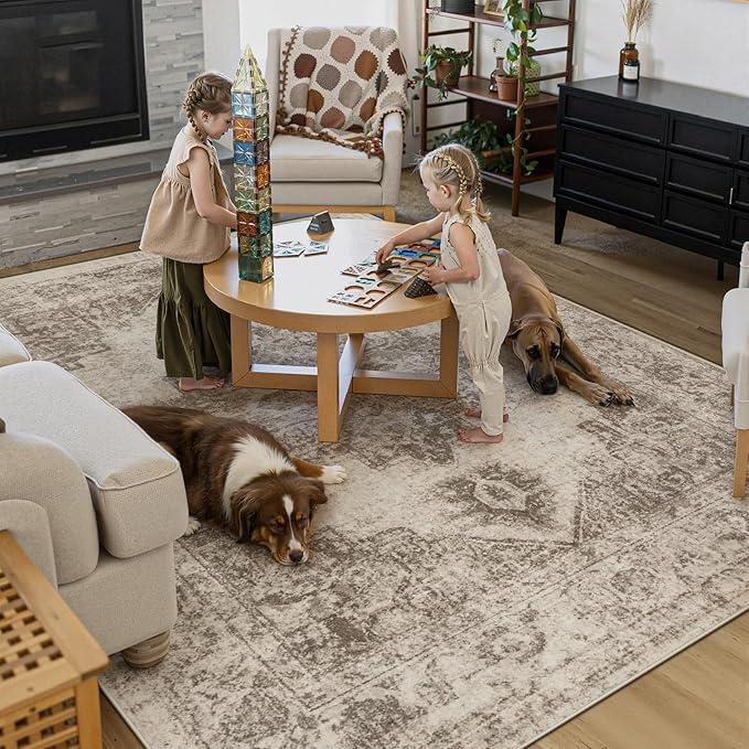 Area Rug 8x10 Vintage Rugs: Large Washable Indoor Medallion Rug Low Pile Distressed Floor Carpet Retro Accent Rugs for Living Room Bedroom Kitchen Dining Table Home Office(Taupe, 8'x10')