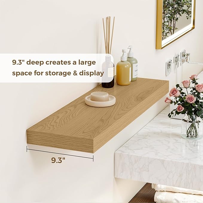 Dreamland 55 Inches Floating Shelves for Wall, 9.3" Deep Long Floating Shelves Set of 1, Large Display & Storage Shelf, Wall Shelf for Bathroom Bedroom Living Room Kitchen Office, Oak