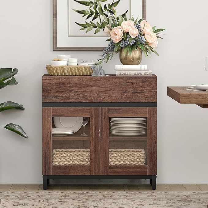 WAMPAT Sideboard Buffet Cabinets with Glass Doors and Drawer, Modern Sideboard Credenza with Adjustable Shelf, Coffee Bar Storage Cabinet for Living Room, Kitchen, Brown