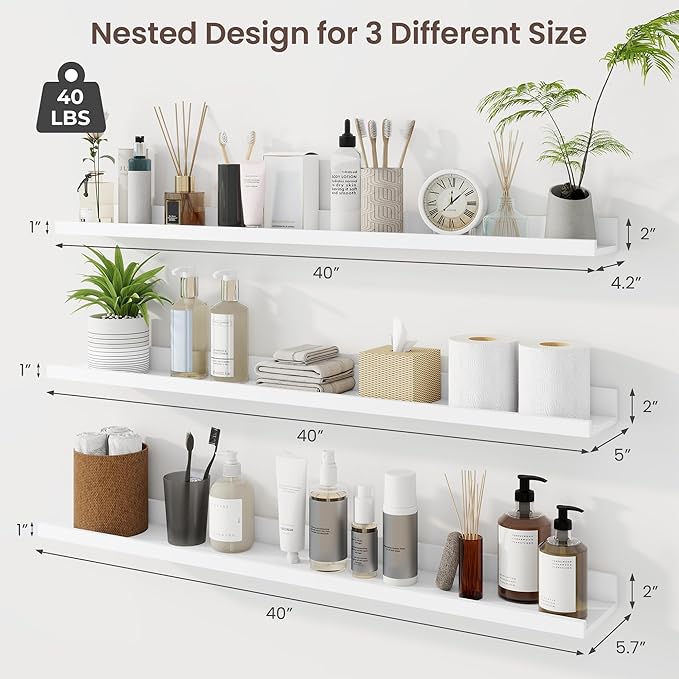Axeman 40 Inch Floating Shelves | White Picture Ledge Shelf Set of 3 | Rustic Wood Wall Shelves with Lip | 40" White Picture Shelf for Wall with Ledge | Photo Shelves