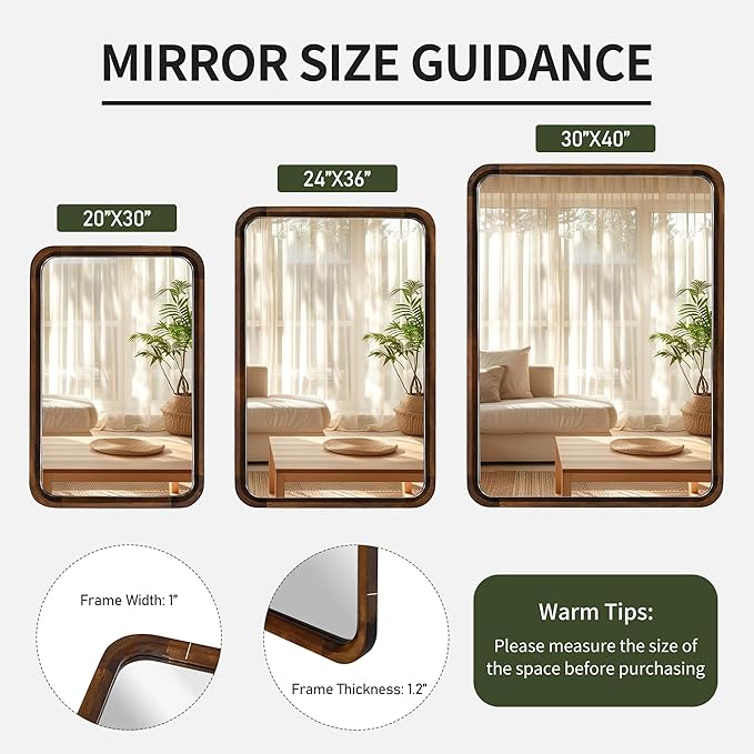 Wood Bathroom Mirror for Wall,Rectangle 24 x 36 inch Hanging Vanity Brown Tempered Mirrors with Rounded Corner for Living Room,Bedroom,Entryway (Walnut, 24x36 Inch)