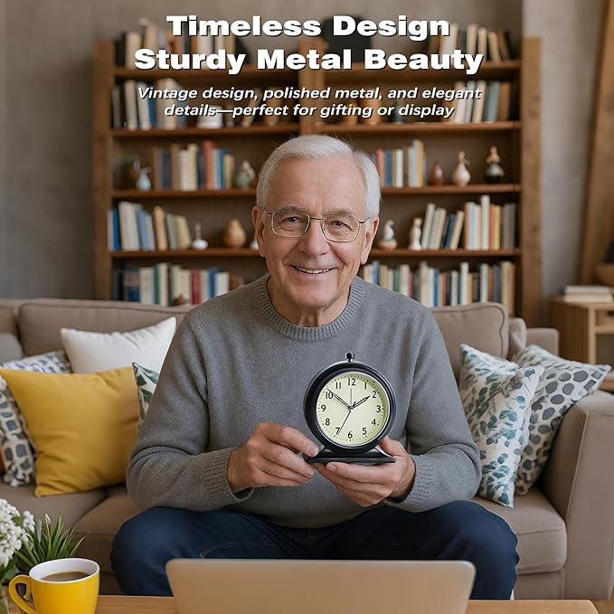 AYRELY® 4-inch Battery Operated Alarm Clock Silent Analog Desk Clocks with Light Vintage Metal Table Clock for Living Room Shelf Bedside Home Decor (Black)