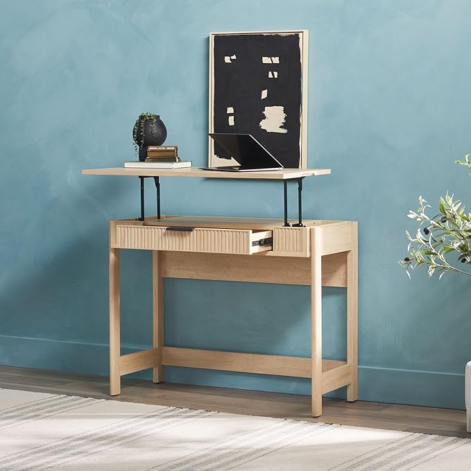 Walker Edison Transitional Style Furniture, Reeded Detail, Lift-Top Desk with Drawer and Storage Cubby, Sitting to Standing Desk, Soft Self-Close Desktop, 38 Inch, Coastal Oak