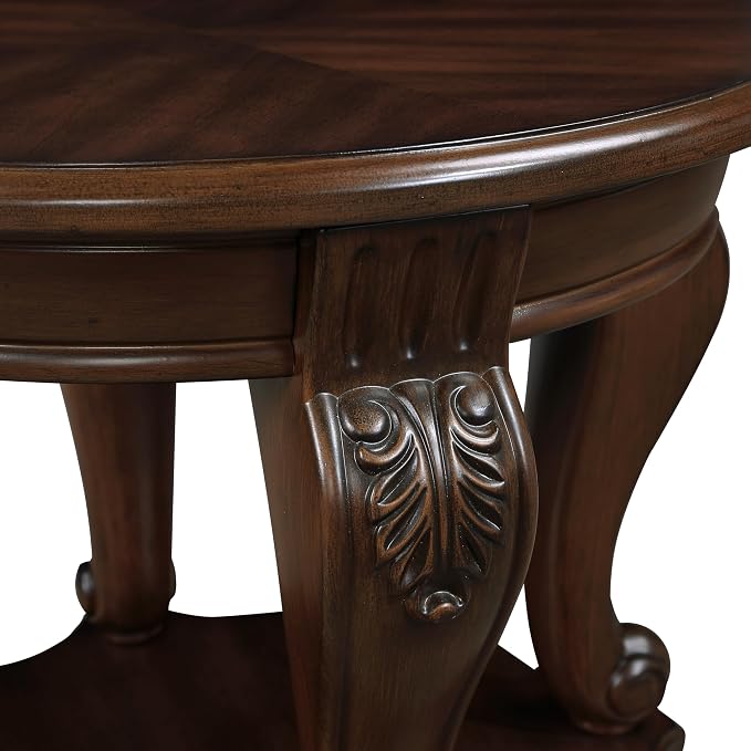 JIJIWANG Wood Round Sofa Table with Antique Carved Legs Oval End Table with Buttom Shelf for Small Space, Cherry