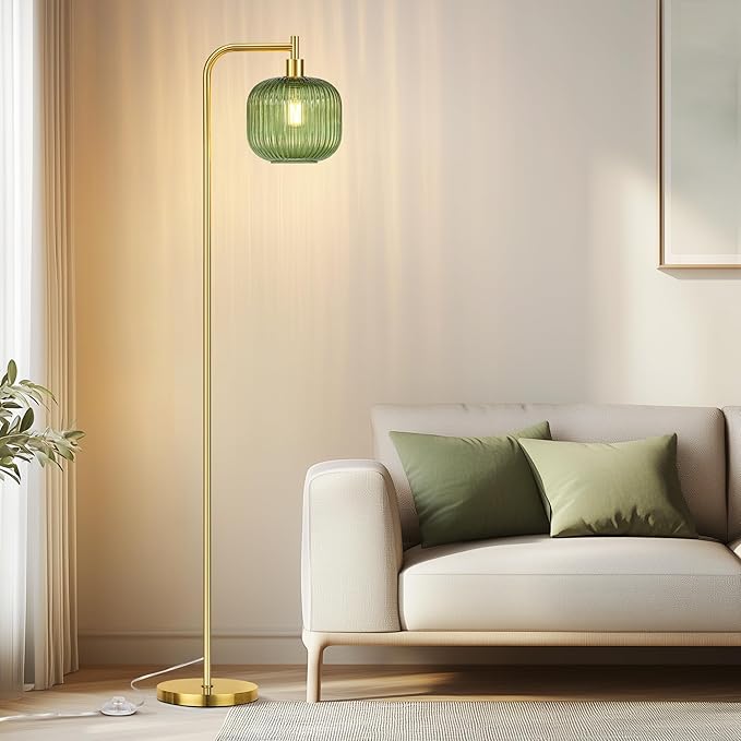 QiMH Glass Floor Lamp for Living Room, Modern Standing Lamp with Ribbed Glass Lampshade Pedal Switch, 67” Tall Lamp for Bedroom Study Room, Brushed Gold (2700K LED Bulb Included)