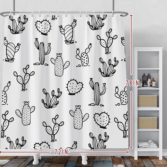 Baocicoo Cartoon Cactus Shower Curtain Tropical Plants Mexican Texas Minimalism Black and White Decorative Artistical Shower Curtains for Home Bathtubs Bath Waterproof Fabric with Hooks 72x78 Inches