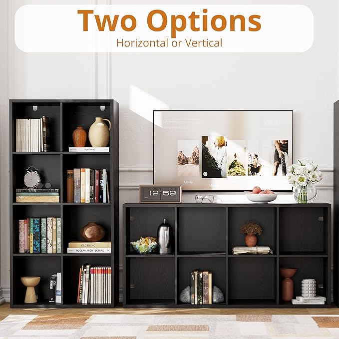 IRONCK Bookshelf, 8-Cube Storage Cube Shelf Organizer, Extra Thick Frame Horizontally & Vertically Reversible Bookcase with Open for Living Room, Bedroom, Home Office, Black
