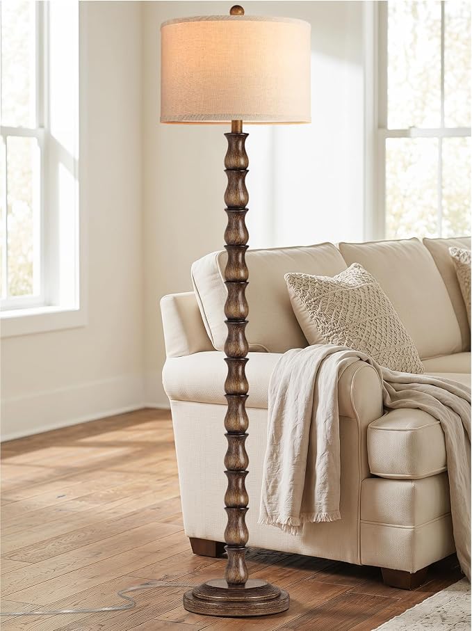 63.5" Rustic Floor Lamp for Living Room, Farmhouse Floor Lamp with Rotary Switch & Linen Shade, Vintage Resin Tall Standing Lamp for Bedroom Corner Office Home Decor, Dark Brown (LED Bulb Included)
