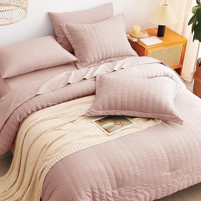 CozyLux King Size Comforter Set Rose Gold, 7 Pieces Seersucker Textured Luxury Bed in a Bag Dusty Pink, All Seasons Bedding Sets with Down Alternative Comforter, Sheets, Pillowcases & Shams, Home Gift