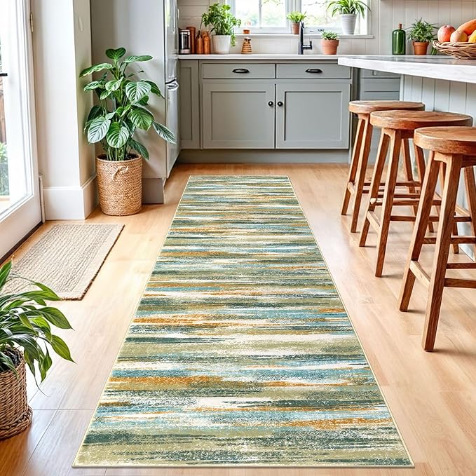 Lansny Modern Abstract Runner Rug 2.6x10, Green Mustard Multi Washable Long Kitchen Runner Non-Slip Soft Hallway Rug Runner Thin Print Faux Wool Carpet for Entryway Bedroom Laundry Room Indoor