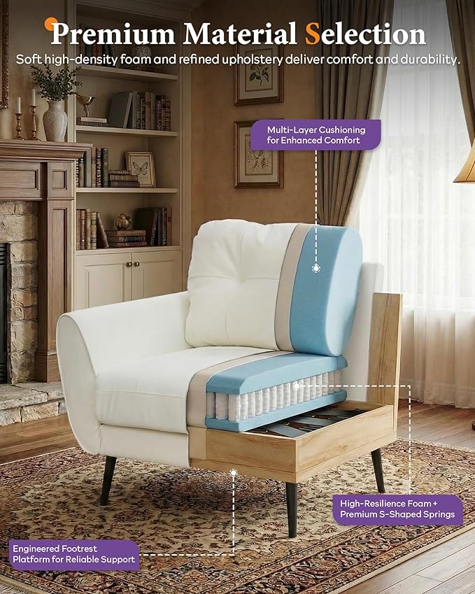 TYBOATLE Accent Chair Comfy Modern Living Room Chair White Leather Reading Accent Chairs Tufted Mid Century Moden Arm Chair Small Salon Chair for Office Bedroom (1, White)