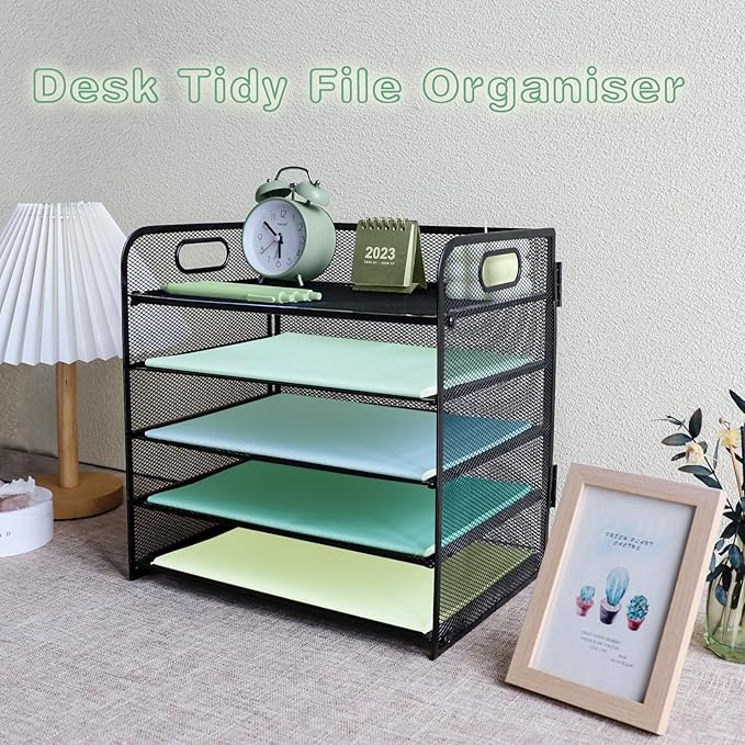 Paper Letter Tray with Handle, 5 Tier Metal Mesh Desk File Organizer, A4 Paper Desktop Filing Trays, Desk Tidy Magazine Document Holder for Home Office, Black