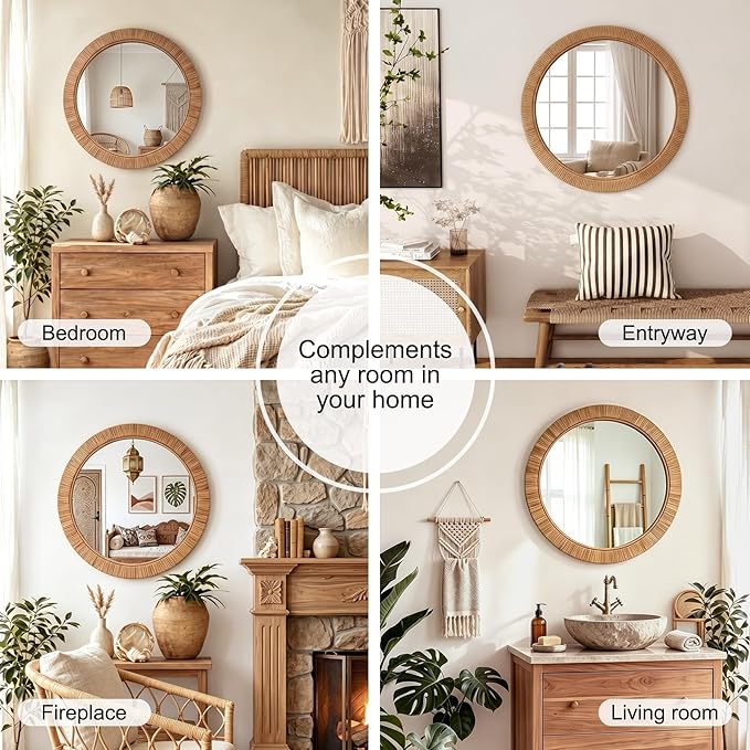 24"x24" inch Large Round Rattan Mirror for Wall, Boho Decorative Wicker Mirror Waterproof Synthetic Rattan Frame, for Bathroom, Bedroom, Living Room, Entryway