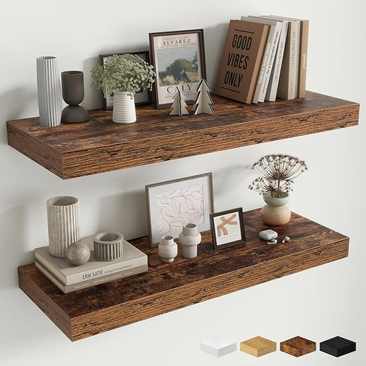 Fun Memories 32 x 12 Floating Shelves Wall-Mounted - Rustic Wood Shelf - 12 Inch Deep Floating Shelves for Wall - Large Storage Shelf for Bathroom - Kitchen & Bedroom - Rustic Brown - Set of 2