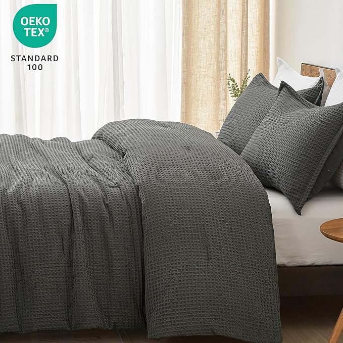 PHF Ultra Soft Waffle Weave Comforter Set Twin Size, 2 Pieces Lightweight Breathable Comfy Bedding Set, Comfy Textured 1 Comforter with 1 Pillow Shams, Grey