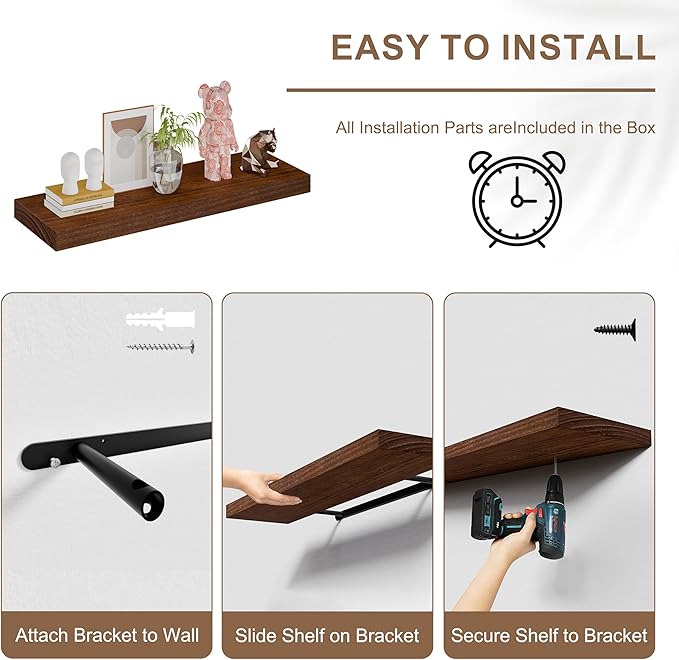 12x36 Inch Floating Shelves for Wall, Extra Long White Wall Shelves, Set of 2, Hanging Invisible Brackets Floating Shelves for Living Room,Bedroom,and Kitchen (Walnut, 2T60IN)