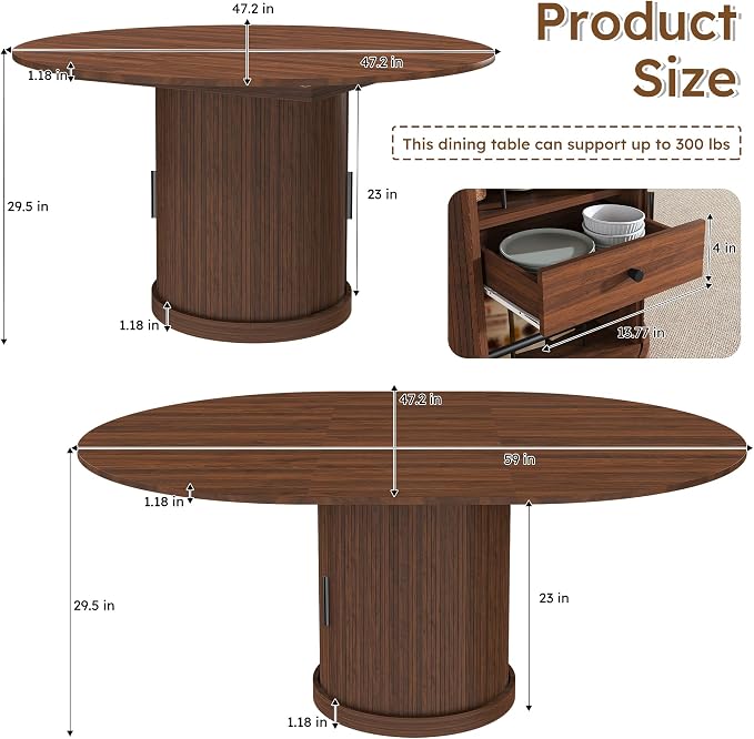 47"-59" Extendable Round Dining Table for 4-6,Mid Century Modern Walnut Wood Grain Table,Storge Kitchen Table with Storage Dining Table with Double Shelves and Sliding Doors for Small Spaces
