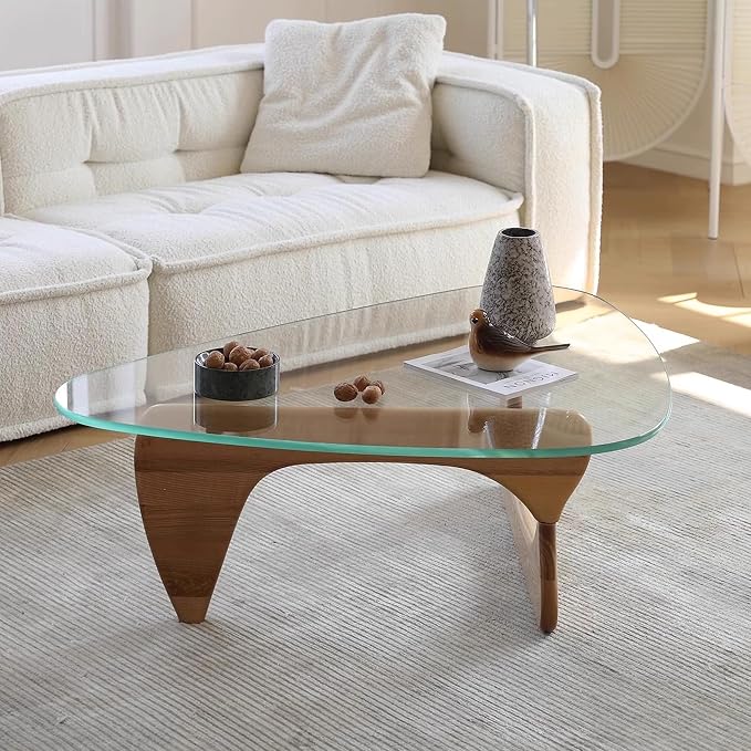 Glass Coffee Table, Mid Century Modern Coffee Table for Living Room, Mesa de Centro para Sala, Rustic Oval Center Table with Tempered Glass Top & Wood Base, Funky Coffee Tables