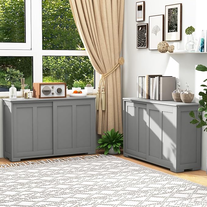 Sideboards Buffet Cabinet with Storage, Sliding Door Coffee Bar, Console Table with Adjustable Shelf, Credenzas for Living Room, Stackable Kitchen Cupboard for Dining Room (Grey)