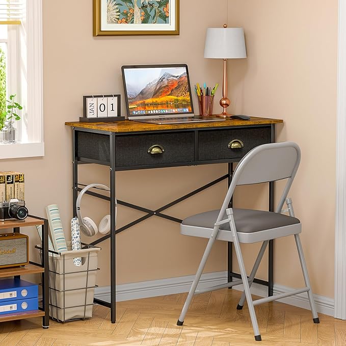 DAOUTIME Small Writing Desk for Kids Bedroom, 31.5 Inch Computer Desk for Small Spaces, Simple Desk with 2 Fabric Drawers for Home Office, Dorm, Living Room, Home Study Table, Rustic Brown