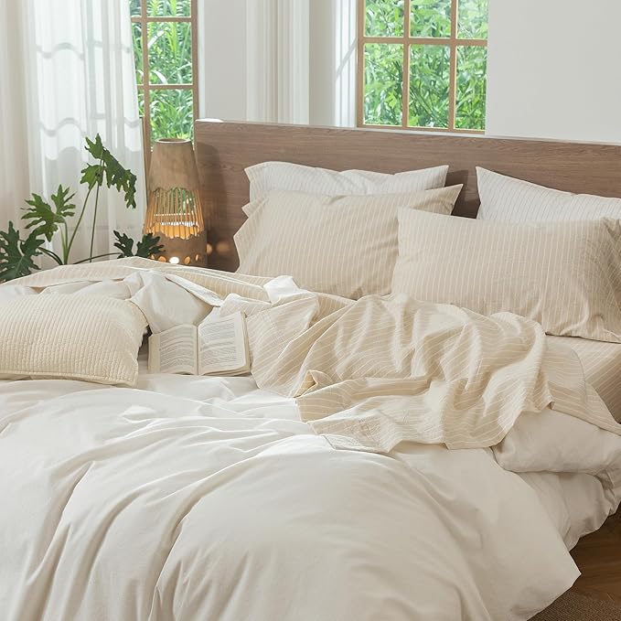 MooMee Striped Sheet Set 100% Washed Cotton Linen Like Textured Breathable Durable Soft Comfy (Almond Milk Grey White Wide Stripes, King)