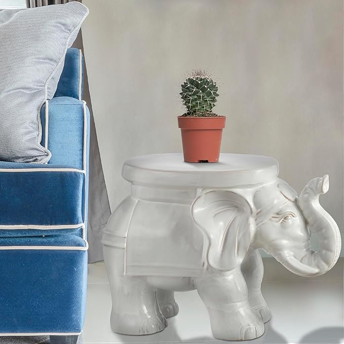 JONATHAN Y TBL1007A White Elephant 14.2" Ceramic Indoor/Outdoor Garden Stool, Coastal, Contemporary, Side Table, Plant Stand, Spill-Proof, Living Room, Bathroom, Garden Room, Patio, Antique White