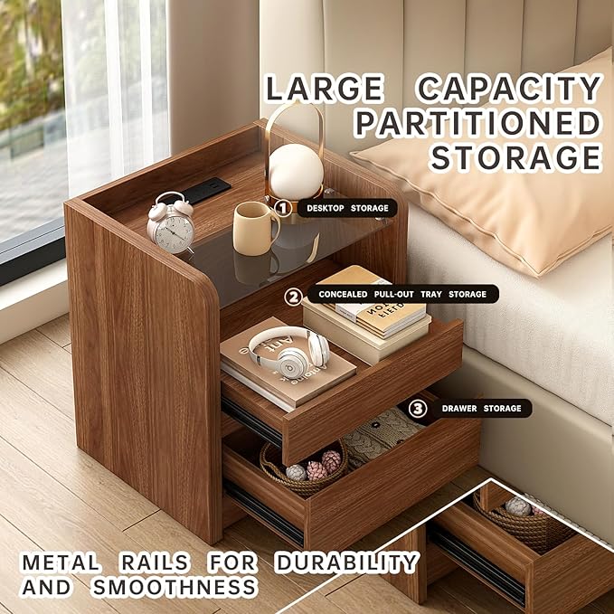 Walnut Nightstand Set of 2 with Charging Station, 20 Inch Wide Night Stand with Drawers, Modern Bedroom Bedside End Table with Round Corners & Reinforced Panel for Dorm, Sofa, Office, Living Room