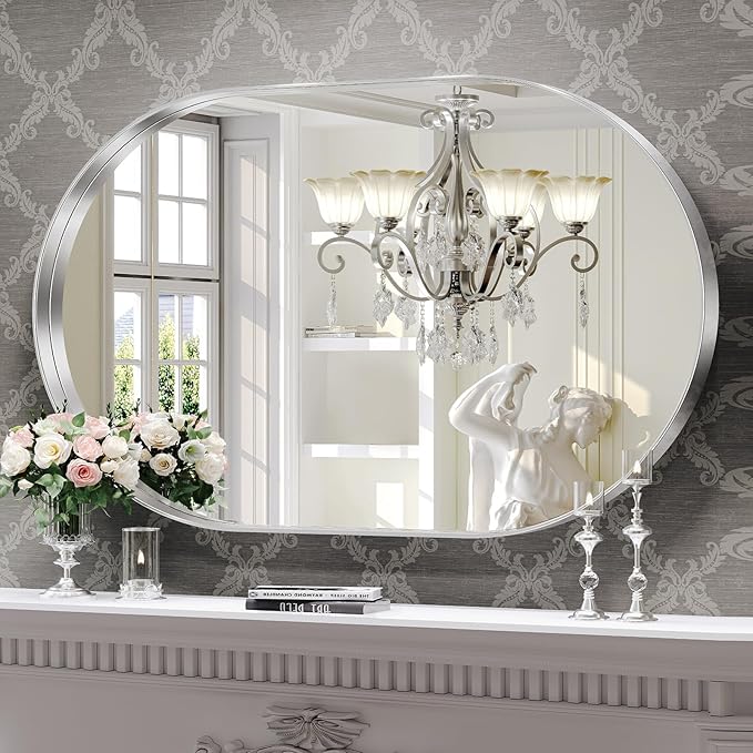 Brightify Silver Oval Mirror for Bathroom 30x42 Inch, Matte Silver Vanity Mirrors Metal Frame, Wall Mounted Mirror for Bedroom Dress Room Wall Decorative Hang Vertical and Horizontal