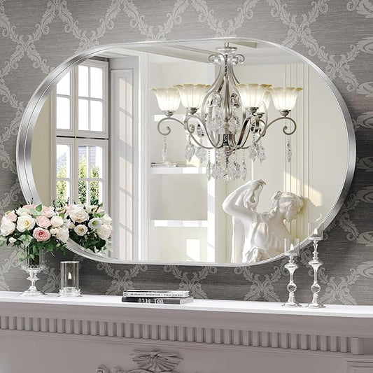 Brightify Silver Oval Mirror for Bathroom 30x42 Inch, Matte Silver Vanity Mirrors Metal Frame, Wall Mounted Mirror for Bedroom Dress Room Wall Decorative Hang Vertical and Horizontal