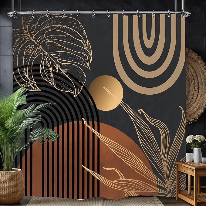 Yookeb Abstract Dark Mid Century Bathroom Shower Curtain 71W by 71H Inch Minimalist Aesthetic Modern Contemporary Leaves Polyester Fabric 12 Plastic Hooks Waterproof Decor