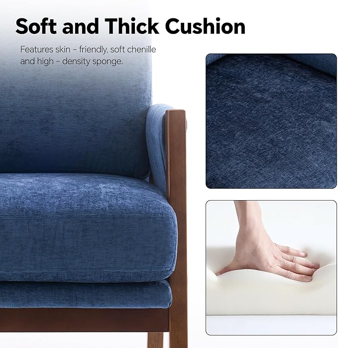 Mid Century Modern Accent Chair with Wood Frame, Upholstered Living Room Chairs with Wide Armrest, Chenille Fabric Comfy Arm Chair for Bedroom, Reading Room, Balcony, Navy