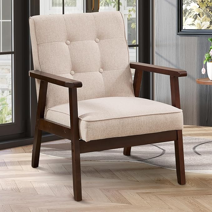 IOMOR Accent Chair Mid Century Modern Chair for Living Room, Comfy Fabric Armchair with Solid Wood Frame Soft Thick Padded, Side Chairs Easy Assembly (1, Fabric Beige)