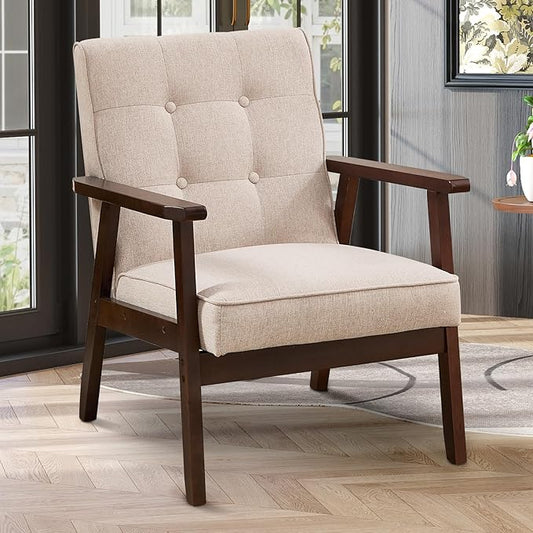 IOMOR Accent Chair Mid Century Modern Chair for Living Room, Comfy Fabric Armchair with Solid Wood Frame Soft Thick Padded, Side Chairs Easy Assembly (1, Fabric Beige)