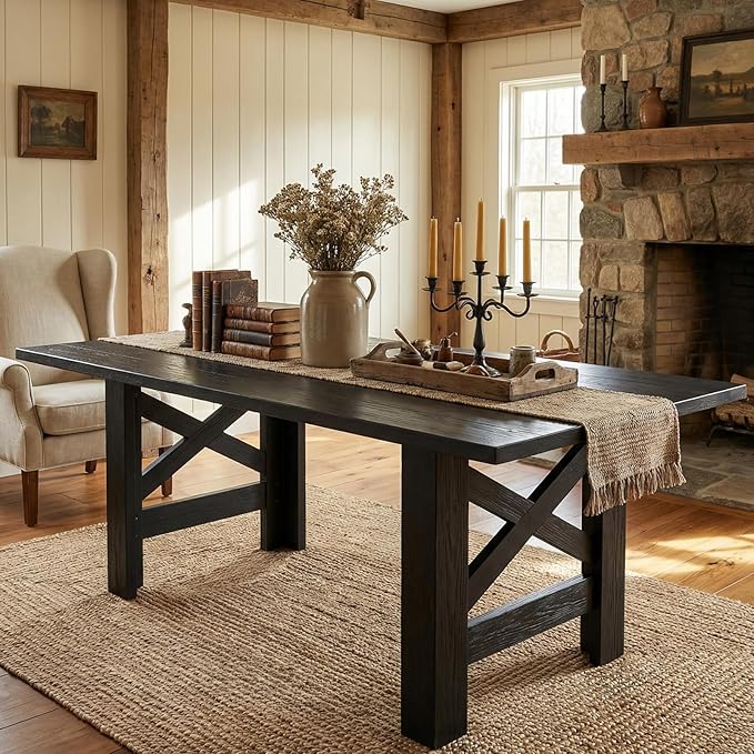 GarveeHome Dining Table for 6-8, 71" Long Large Wooden Farmhouse Kitchen Table with Thick Sturdy Frame, Rectangular Dining Room Dinner Table with Stable Triangular Legs for Kitchen,Office, Retro Black