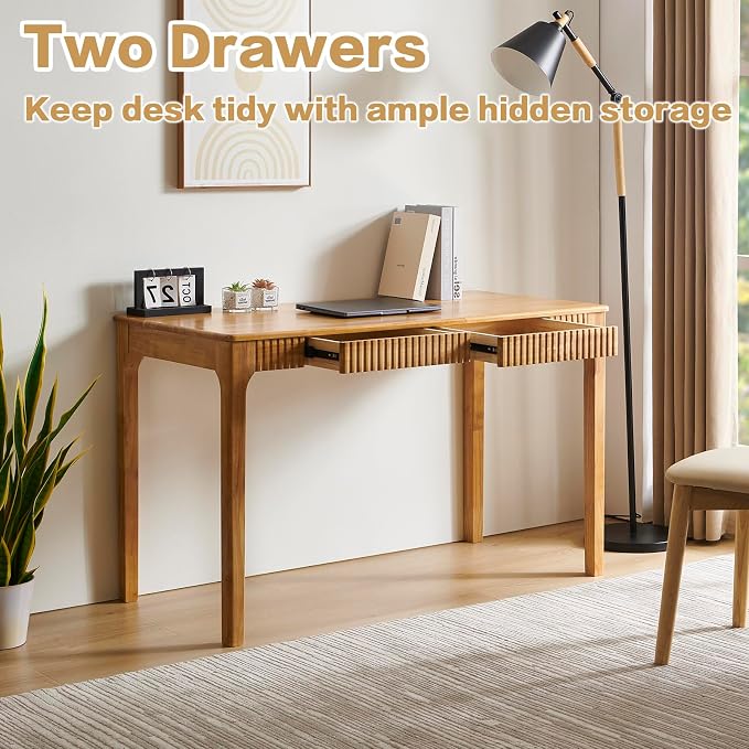 Solid Wood Desk with Drawers, Light Wood Desk for Small Spaces, Small Writing Desk for Bedroom, Gaming Study Home Office Wooden Desks for Work, 47 inch Wood Computer Desk