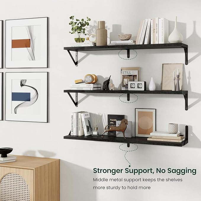 Floating Shelves, 8 Inch Deep Rustic Wood Wall Storage, 36W x 8D Wall Shelves Set of 2, Heavy Duty Metal Brackets, Industrial Book Shelf for Living Room, Kitchen, Bathroom, Bedroom, Black
